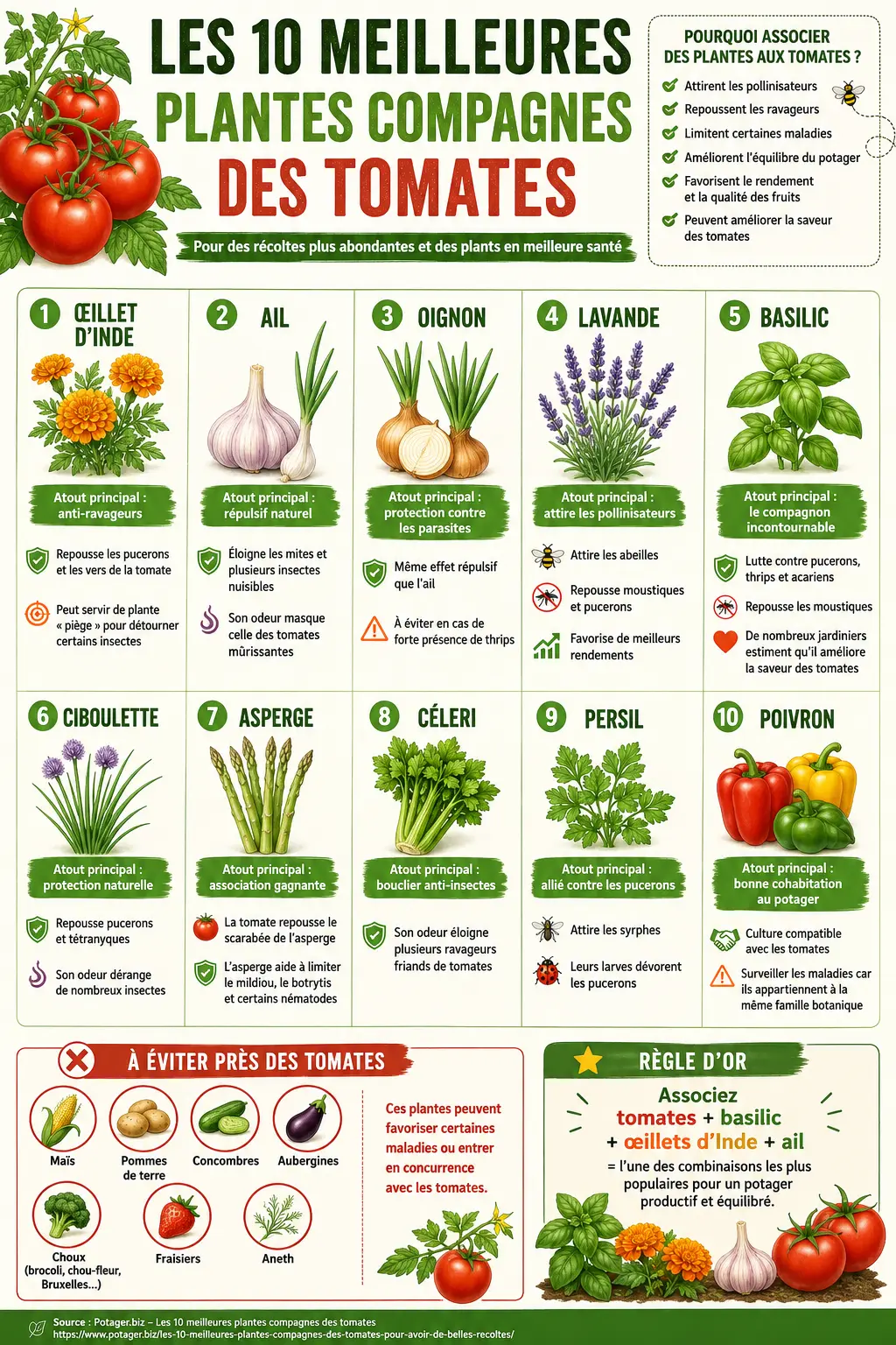 infographie Les 10 meilleures plantes compagnes des tomates pour avoir de belles récoltes