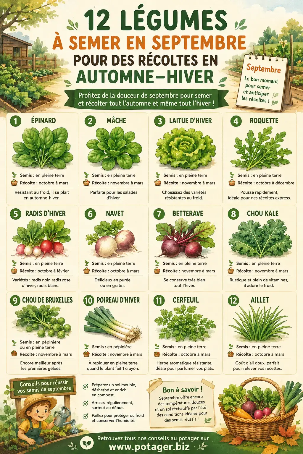 12 légumes à semer en septembre - Fiche à imprimer