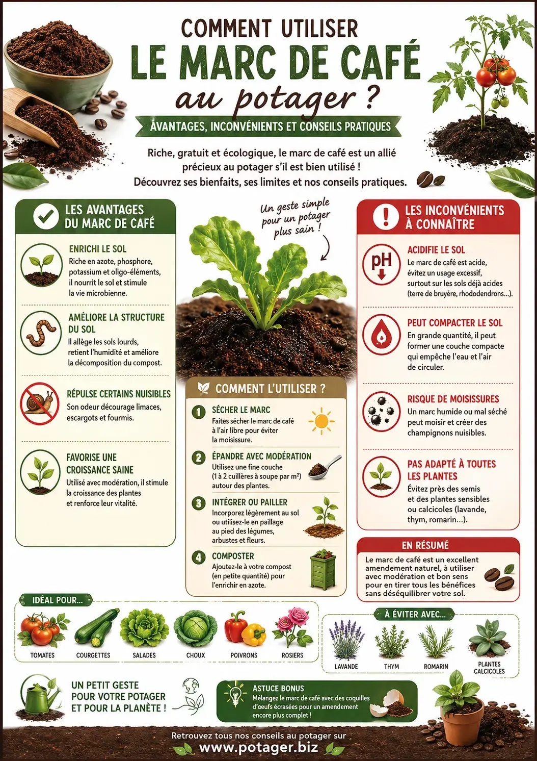 Comment utiliser le marc de café au potager - infographie