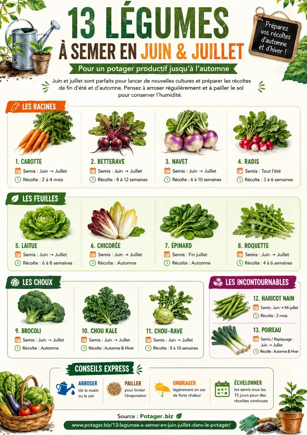 13 légumes à semer en juin-juillet dans le potager - infographie